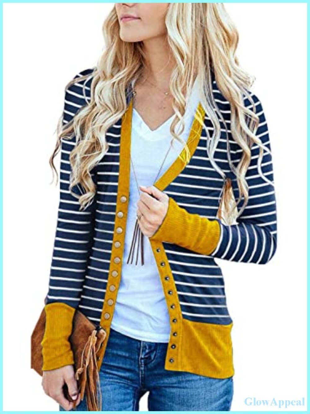 Women's Striped Button Down Cardigan Long Sleeve V-Neck Knit Sweater